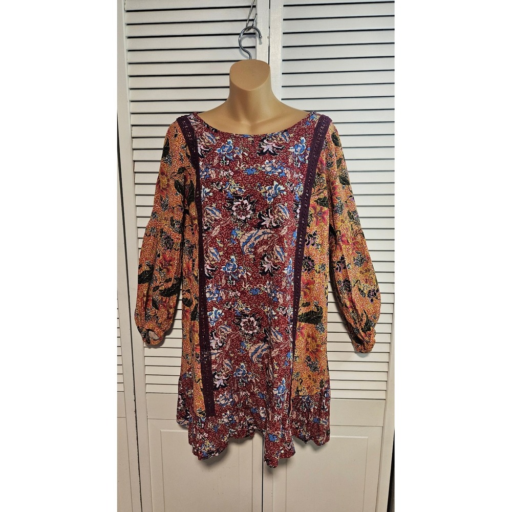 Matilda Jane Women Floral Paisley Patchwork Tunic Dress Crochet Lace Trim Size M